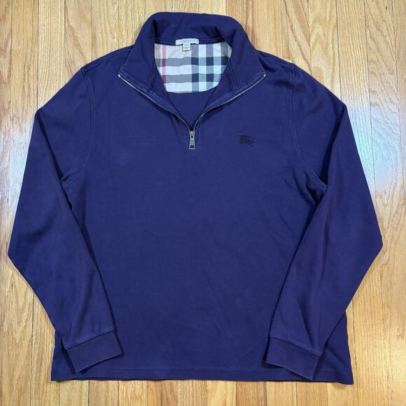 Burberry Brit Sweater Mens XL Purple Pullover Quarter Zip Logo Plaid Details - Picture 1 of 16
